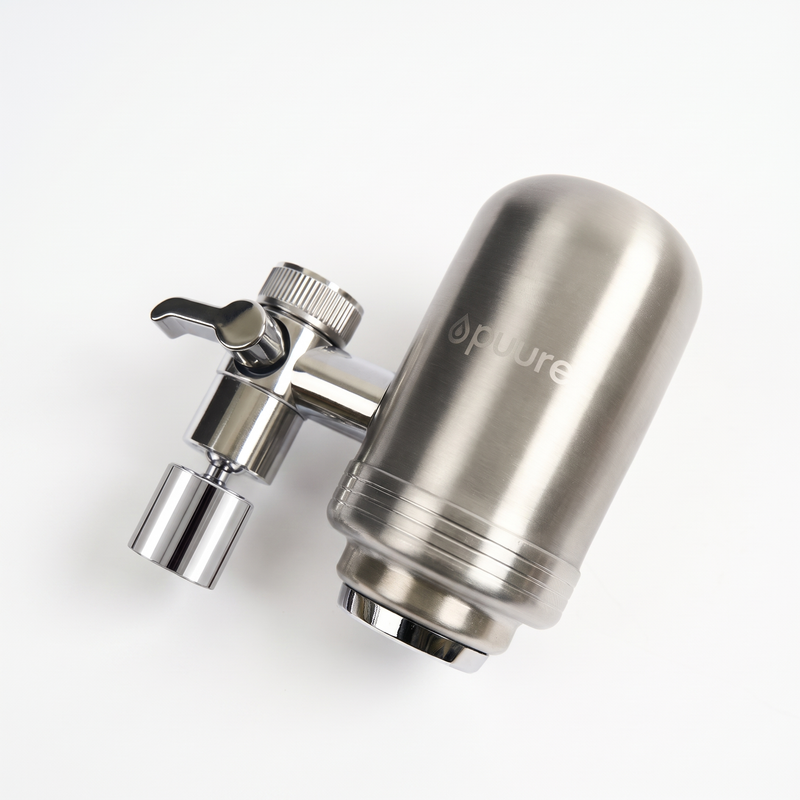 Puure Tap System filter fitted on a kitchen tap